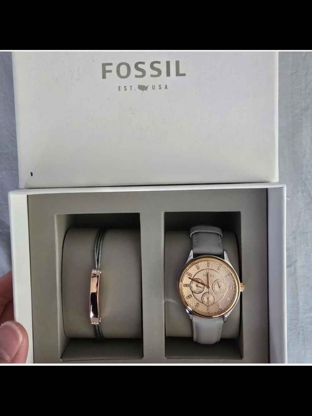 Fossil Gray Leather Watch and Rose Gold Accent Bracelet Set